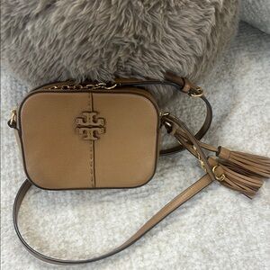 Tory Burch Tan Crossbody Bag with Logo and Tassel
